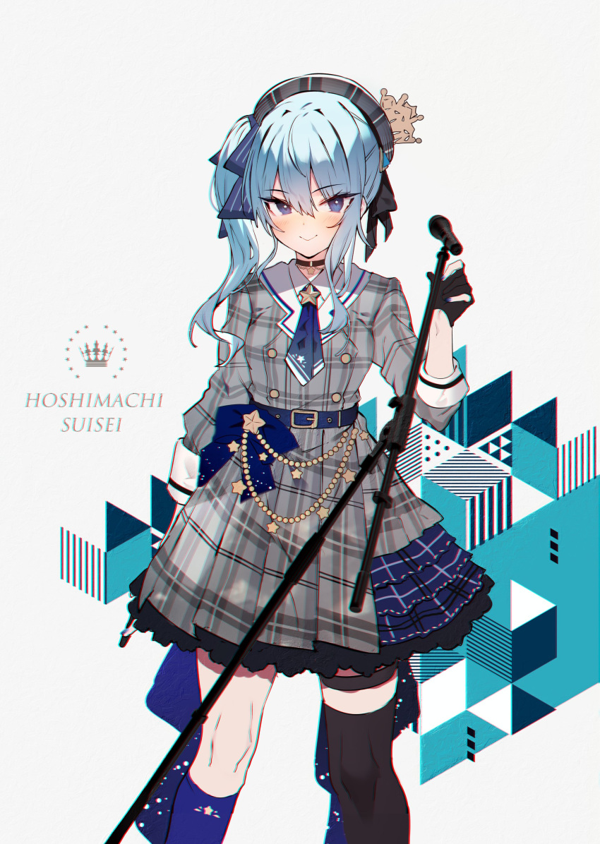 1girl absurdres asymmetrical_legwear belt beret black_gloves blue_belt blue_eyes blue_hair blue_necktie blush buttons choker crown gloves grey_beret grey_hat grey_jacket grey_skirt hair_ribbon hat highres holding holding_microphone_stand hololive hoshimachi_suisei hoshimachi_suisei_(1st_costume) jacket looking_at_viewer microphone microphone_stand necktie partially_fingerless_gloves plaid plaid_headwear plaid_jacket plaid_skirt ribbon side_ponytail skirt solo soukou_makura star_(symbol) star_choker virtual_youtuber