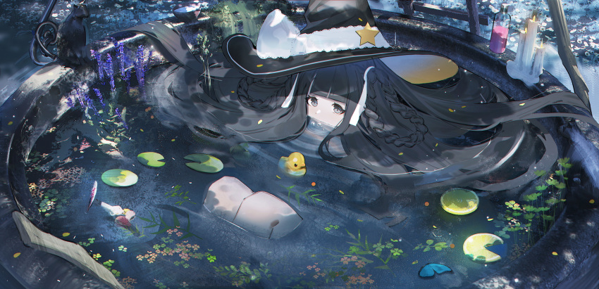 1girl absurdres black_eyes black_hair blunt_bangs braid bubble bug butterfly candle cat commentary english_commentary flower geki_dan hat highres lavender_(flower) lily_(flower) long_hair original partially_submerged rubber_duck solo very_long_hair water witch_hat