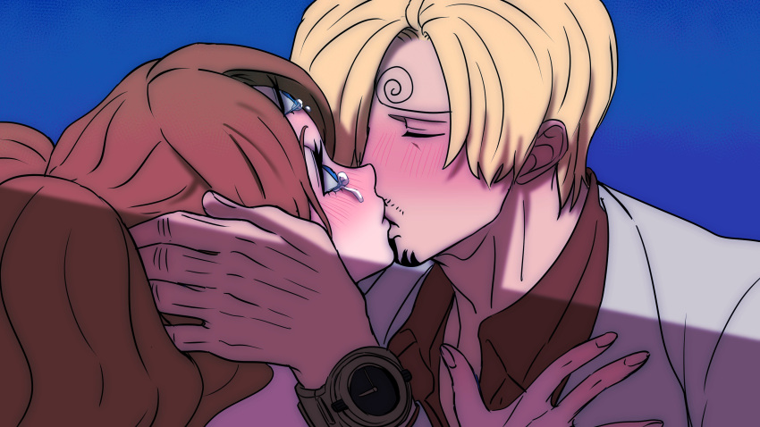 1boy 1girl absurdres blonde_hair blue_eyes blush brown_hair charlotte_pudding closed_eyes collared_shirt curly_eyebrows facial_hair hair_over_one_eye hand_on_another's_face hetero highres jacket juliet_sleeves kiss lips long_hair long_sleeves looking_at_another one_piece open_clothes pink_sweater puffy_sleeves rita_ya sanji_(one_piece) shirt short_hair sweater tears teeth third_eye twintails watch wristwatch