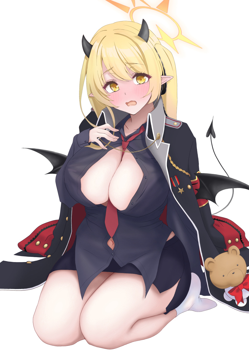 1girl :o absurdres aged_up alternate_costume armband black_coat black_shirt blonde_hair blue_archive blush breasts cleavage clothing_cutout coat collarbone collared_shirt commentary_request demon_girl demon_horns demon_tail demon_wings embarrassed hair_between_eyes hair_ribbon halo head_tilt highres horns ibuki_(blue_archive) large_breasts long_hair long_sleeves looking_at_viewer murasame_(jhrdtc) navel navel_cutout necktie one_side_up open_clothes open_coat red_armband red_necktie ribbon school_uniform seiza shirt sidelocks simple_background sitting socks solo stuffed_animal stuffed_toy tail teddy_bear thick_thighs thighs white_background white_socks wings yellow_eyes