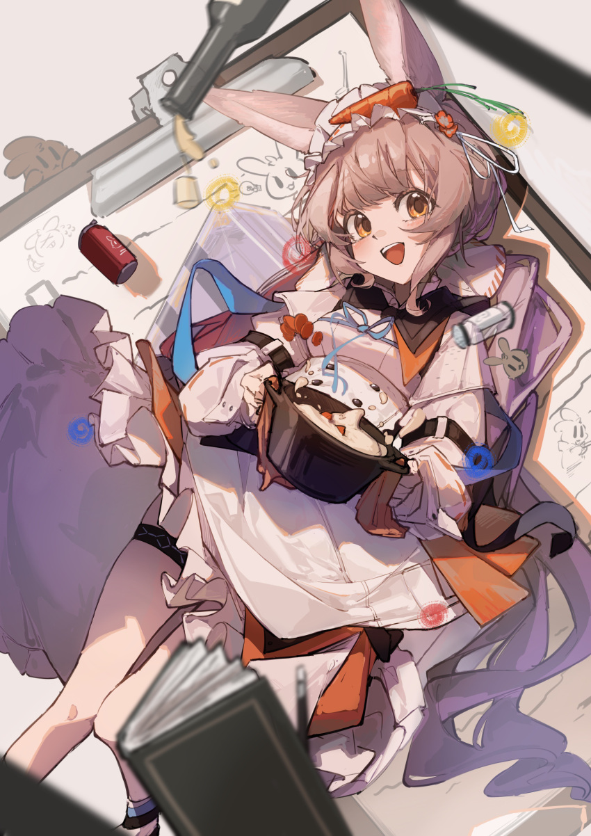 1girl :d absurdres animal_ears arknights arm_strap book bottle can carrot chino_(user_zdyd2447) commentary_request dress foot_out_of_frame frilled_hairband frills grey_hair hairband highres holding_cooking_pot infection_monitor_(arknights) light_bulb long_sleeves looking_at_viewer notepad open_mouth orange_eyes pen rabbit rabbit_ears rabbit_girl salt_shaker short_hair smile solo thigh_strap warmy_(arknights) white_dress white_hairband