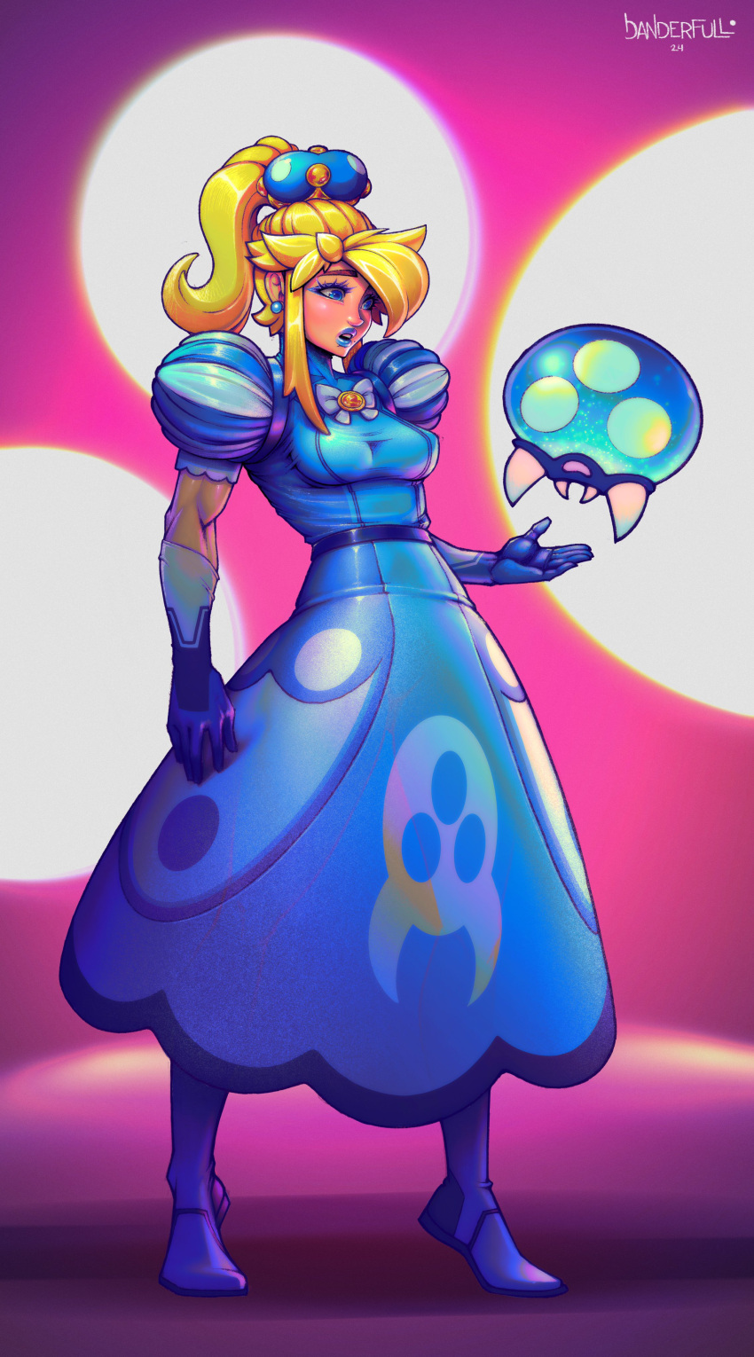 absurdres blonde_hair blue_dress blue_footwear blue_gloves blue_lips danderfull dress earrings elbow_gloves gloves highres jewelry metroid metroid_(creature) open_mouth peachette ponytail samus_aran super_crown