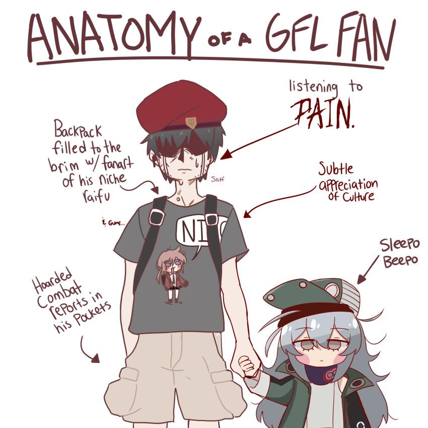 1boy 1girl absurdres anatomy_of_a_gamer_(meme) arms_at_sides arrow_(symbol) baseball_cap beret black_hair blush_stickers brown_hair brown_pants cargo_pants character_name closed_mouth commander_(girls'_frontline) commentary cowboy_shot crying english_commentary english_text expressionless g11_(girls'_frontline) girls'_frontline green_jacket grey_eyes grey_hair grey_shirt hat height_difference highres jacket long_hair long_sleeves looking_at_viewer meme pants red_beret shaded_face shirt short_hair short_sleeves side-by-side simple_background smart_oval standing straight-on streaming_tears t-shirt tears variant_set white_background