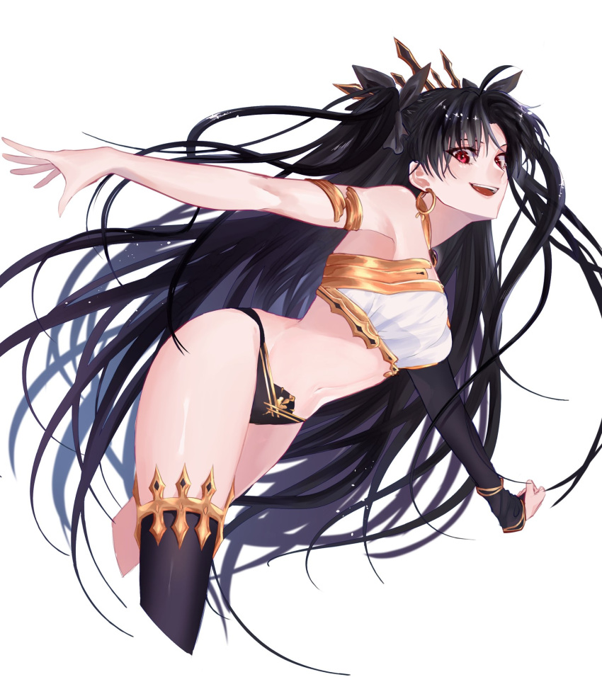 1girl :d arm_warmers armlet bare_shoulders bikini black_hair breasts commentary_request cropped_legs detached_sleeves earrings fate/grand_order fate_(series) hair_ribbon highres hoop_earrings ishtar_(fate) jewelry leaning_forward long_hair looking_at_viewer medium_breasts mismatched_bikini navel neck_ring negima_(187rhrh) open_mouth red_eyes ribbon single_arm_warmer single_detached_sleeve single_thighhigh smile solo swimsuit teeth thighhighs tiara two_side_up upper_teeth_only white_background