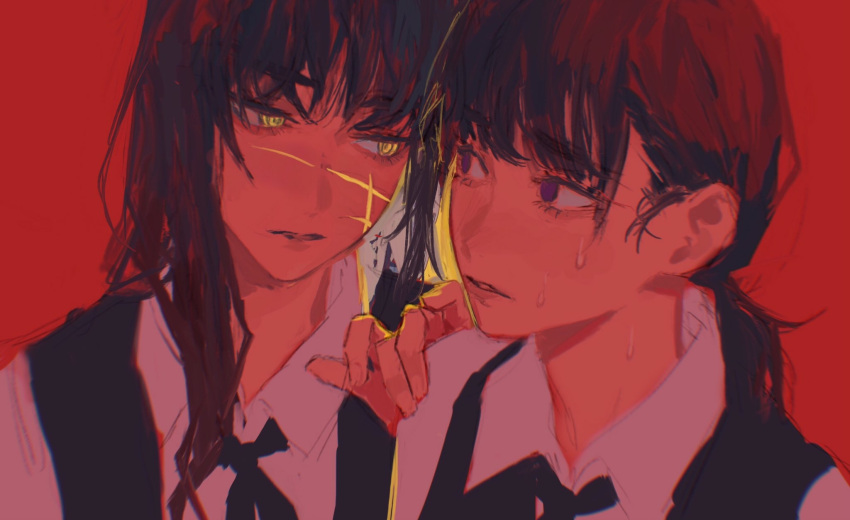 2girls arm_on_another's_shoulder black_vest chainsaw_man eye_contact half-closed_eyes highres keibleh long_hair looking_at_another mitaka_asa multiple_girls parted_lips ponytail purple_eyes red_background red_theme ringed_eyes scar scar_on_cheek scar_on_face school_uniform shirt simple_background vest white_shirt yellow_eyes yoru_(chainsaw_man)