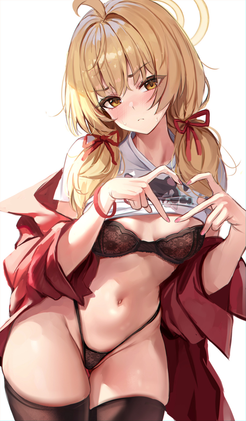 1girl ahoge black_bra black_panties black_thighhighs blonde_hair blue_archive blue_eyes blush bra breasts closed_mouth clothes_lift commentary cowboy_shot hair_ribbon halo heart heart_hands highleg highleg_panties highres jacket looking_at_viewer low_twintails medium_breasts navel no_pants nose_blush off_shoulder official_alternate_costume orange_eyes panties print_shirt red_bracelet red_jacket red_ribbon ribbon shirt shirt_lift simple_background skindentation solo stone_(ksorede) sweat thighhighs twintails underwear v-shaped_eyebrows white_background white_shirt yellow_halo yoshimi_(band)_(blue_archive) yoshimi_(blue_archive)