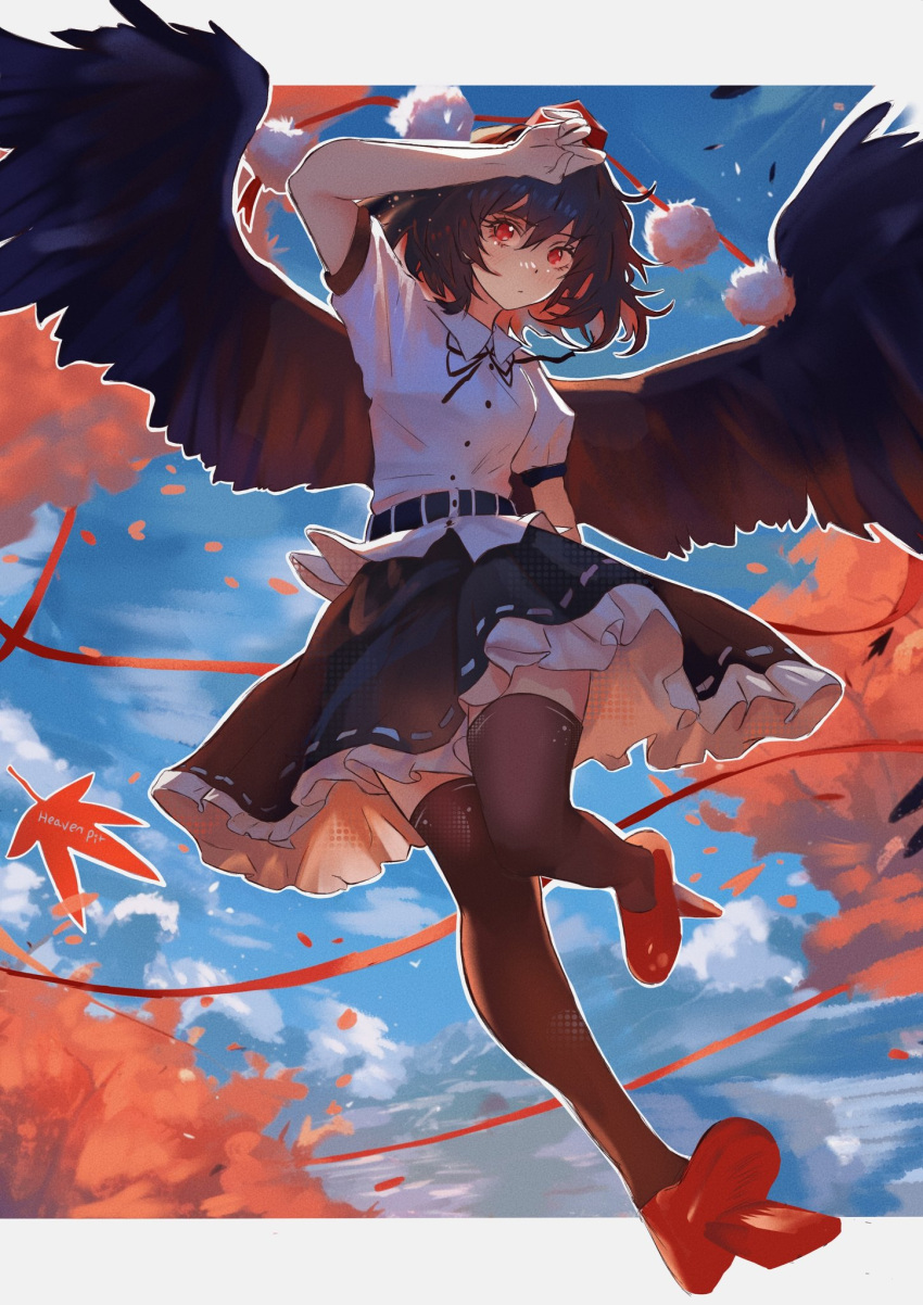 1girl arm_up artist_name autumn_leaves bird_wings black_hair black_ribbon black_skirt black_wings blue_sky brown_thighhighs closed_mouth collared_shirt frilled_skirt frills full_body geta hat highres looking_at_viewer medium_hair neck_ribbon puffy_short_sleeves puffy_sleeves red_eyes red_footwear ribbon shameimaru_aya shirt short_sleeves skirt sky solo tengu-geta theheavenpit thighhighs tokin_hat touhou white_shirt wings