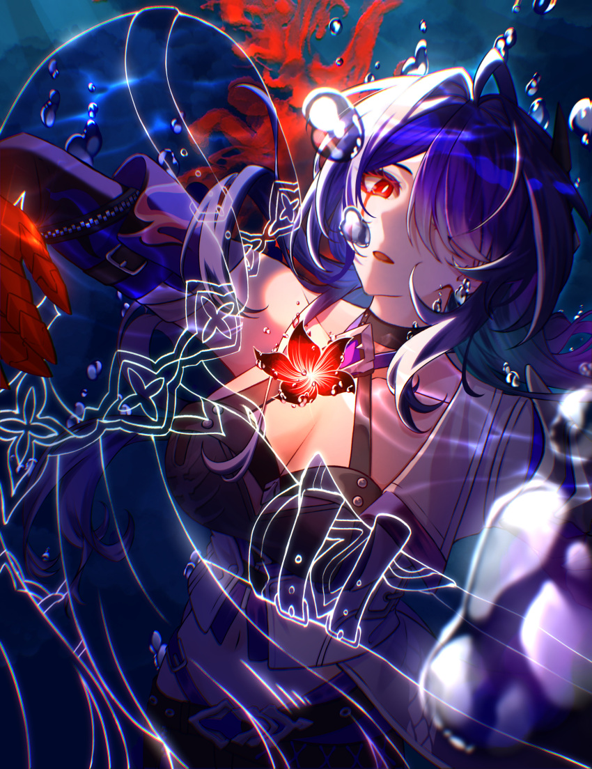 2girls absurdres acheron_(honkai:_star_rail) armor bandaged_arm bandages belt black_belt black_choker black_shorts black_swan_(honkai:_star_rail) breasts bright_pupils bubble choker cleavage coat detached_sleeves facing_another flower glowing glowing_eye hair_ornament hair_over_one_eye highres honkai:_star_rail honkai_(series) large_breasts looking_at_viewer midriff multicolored_hair multiple_girls navel open_mouth outline partially_shaded_face purple_hair red_eyes red_flower shorts shoulder_armor streaked_hair uminato upper_body white_coat white_hair white_pupils