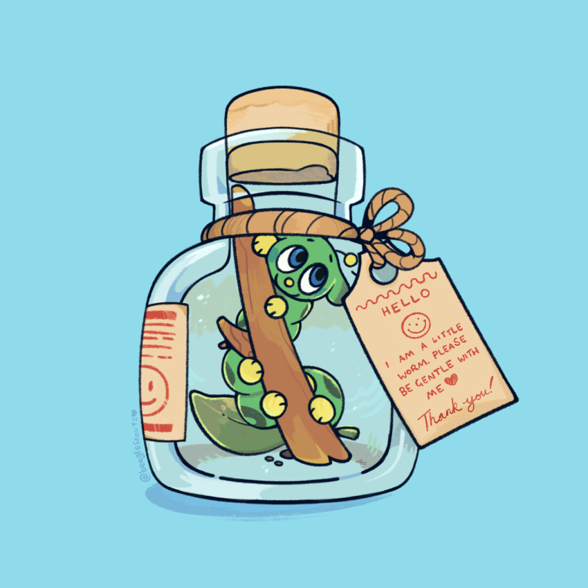 1:1 ambiguous_gender antennae_(anatomy) arthropod beaglescouts blue_eyes bottle caterpillar container english_text feral green_body hi_res insect larva leaf smile solo text