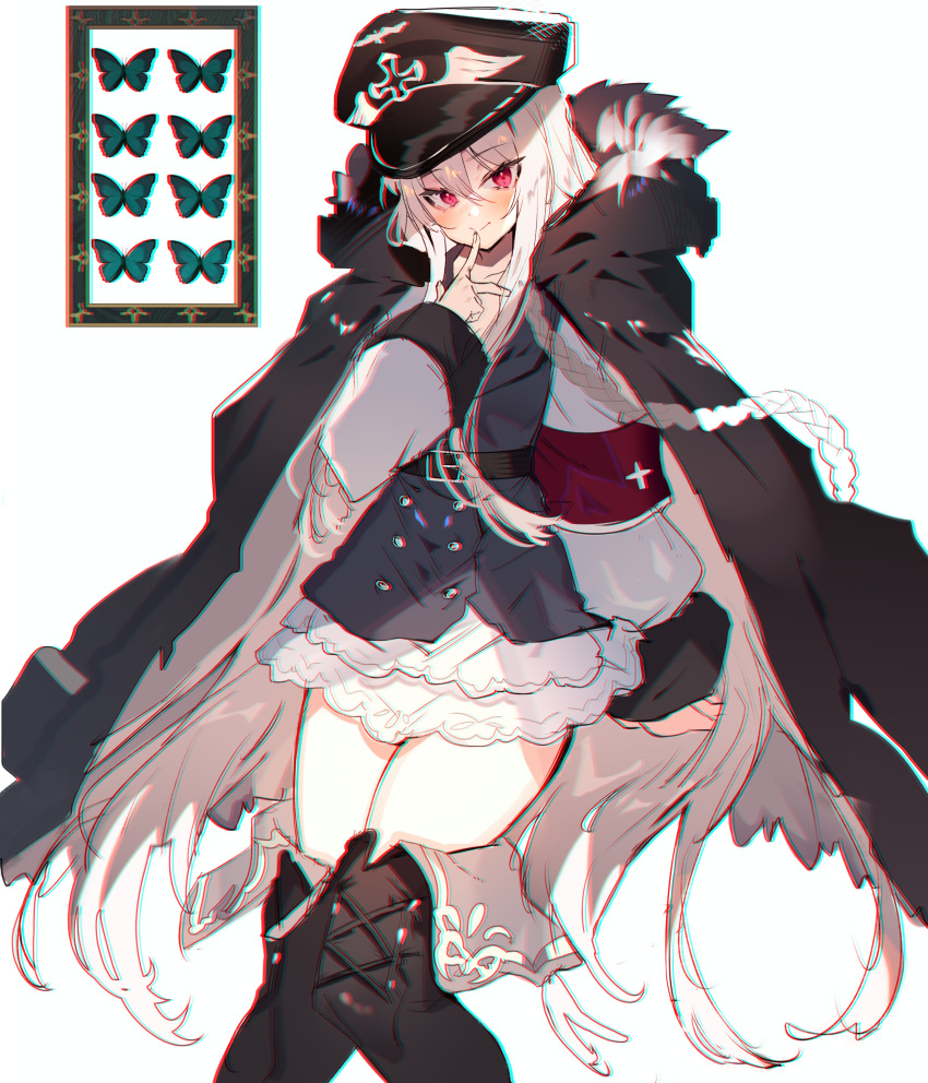 1girl absurdres armband belt black_belt black_footwear boots bug butterfly closed_mouth cross finger_to_mouth fur_trim girls'_frontline hat highres iron_cross jacket jacket_on_shoulders kar98k_(girls'_frontline) long_hair looking_at_viewer military_hat nazi picture_frame red_armband red_eyes sidelocks simple_background sitting solo soukou_makura thigh_boots very_long_hair white_background white_hair