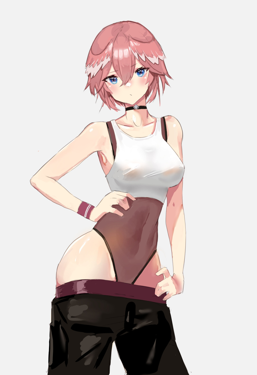 1girl absurdres alternate_costume armpits bare_shoulders black_choker black_pants blue_eyes blush breasts choker closed_mouth collarbone cowboy_shot crop_top english_commentary hair_between_eyes hands_on_own_hips head_wings highres hololive looking_at_viewer medium_breasts medium_hair navel pants pink_hair shirt short_hair simple_background skykappa sleeveless solo standing takane_lui virtual_youtuber white_background white_shirt wings