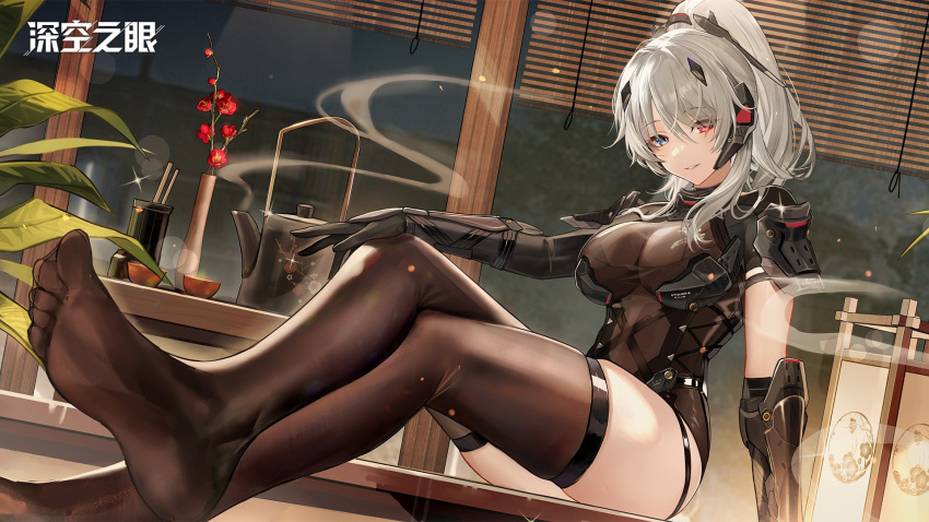 aether_gazer black_gloves feet gloves highres kotachi_(aether_gazer) looking_at_viewer table white_hair