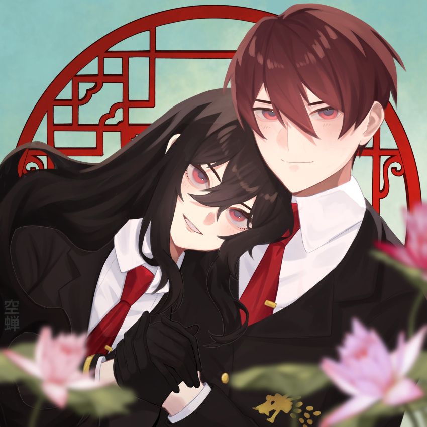 1boy 1girl black_gloves black_hair character_request closed_mouth collared_shirt flower gloves highres holding_hands library_of_ruina long_hair looking_at_viewer lowell_(project_moon) necktie project_moon red_eyes red_hair red_necktie saccharhythm shirt short_hair smile suit upper_body white_shirt xiao_(project_moon)