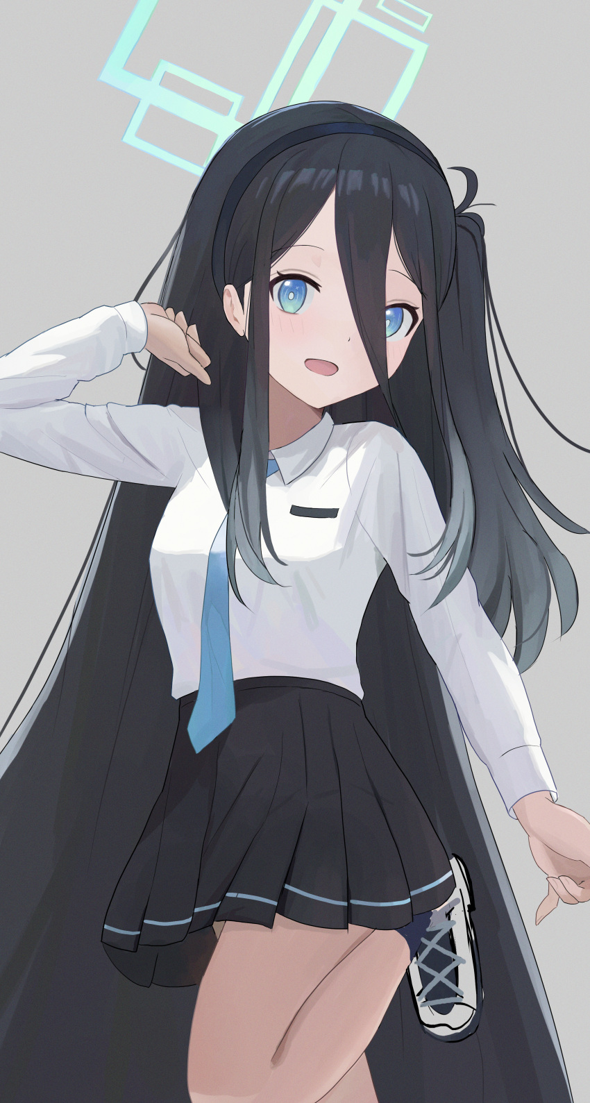 1girl absurdres aris_(blue_archive) black_hair blue_archive blue_eyes collared_shirt grey_background hairband halo highres kumare_yuki long_hair long_sleeves looking_at_viewer necktie one_side_up open_mouth pleated_skirt shirt shoes skirt smile sneakers solo standing standing_on_one_leg very_long_hair
