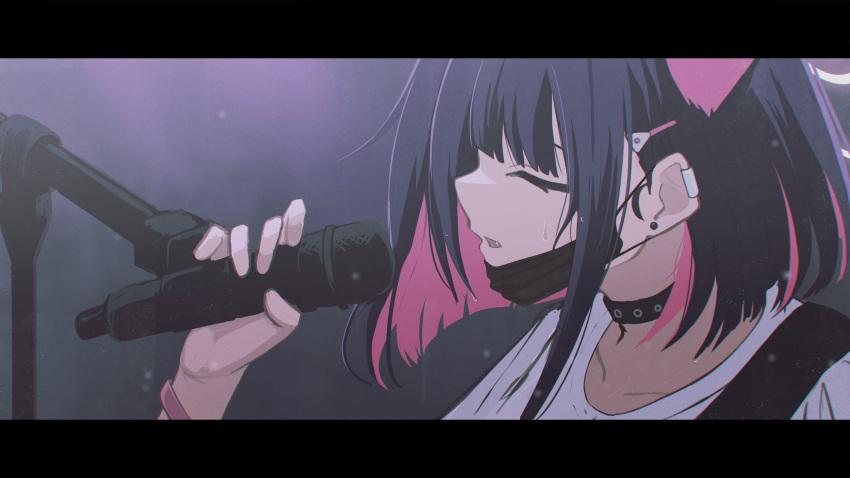 1girl black_border black_hair black_mask blue_archive border colored_inner_animal_ears colored_inner_hair extra_ears halo highres holding holding_microphone kazusa_(band)_(blue_archive) kazusa_(blue_archive) mask mask_pull microphone mouth_mask multicolored_hair piercing pink_hair pink_halo short_hair solo upper_body yako_mashiro