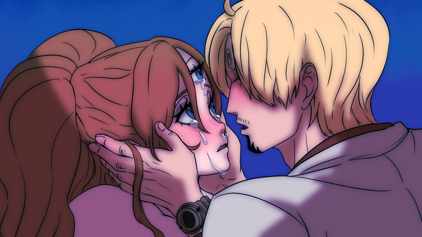 1boy 1girl absurdres blonde_hair blue_eyes blush brown_hair charlotte_pudding crying crying_with_eyes_open curly_eyebrows facial_hair hair_over_one_eye hands_on_another's_face hetero highres imminent_kiss jacket juliet_sleeves long_hair long_sleeves looking_at_another one_piece open_clothes pink_sweater puffy_sleeves rita_ya sanji_(one_piece) shirt short_hair snot sweater tears teeth third_eye twintails watch wristwatch