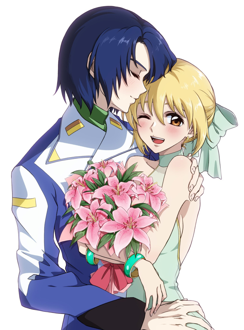 1boy 1girl athrun_zala blonde_hair blue_hair blush bouquet cagalli_yula_athha couple dress flower gundam gundam_seed gundam_seed_destiny gundam_seed_freedom highres kiss military military_uniform one_eye_closed ribbon saeka short_hair smile uniform yellow_eyes