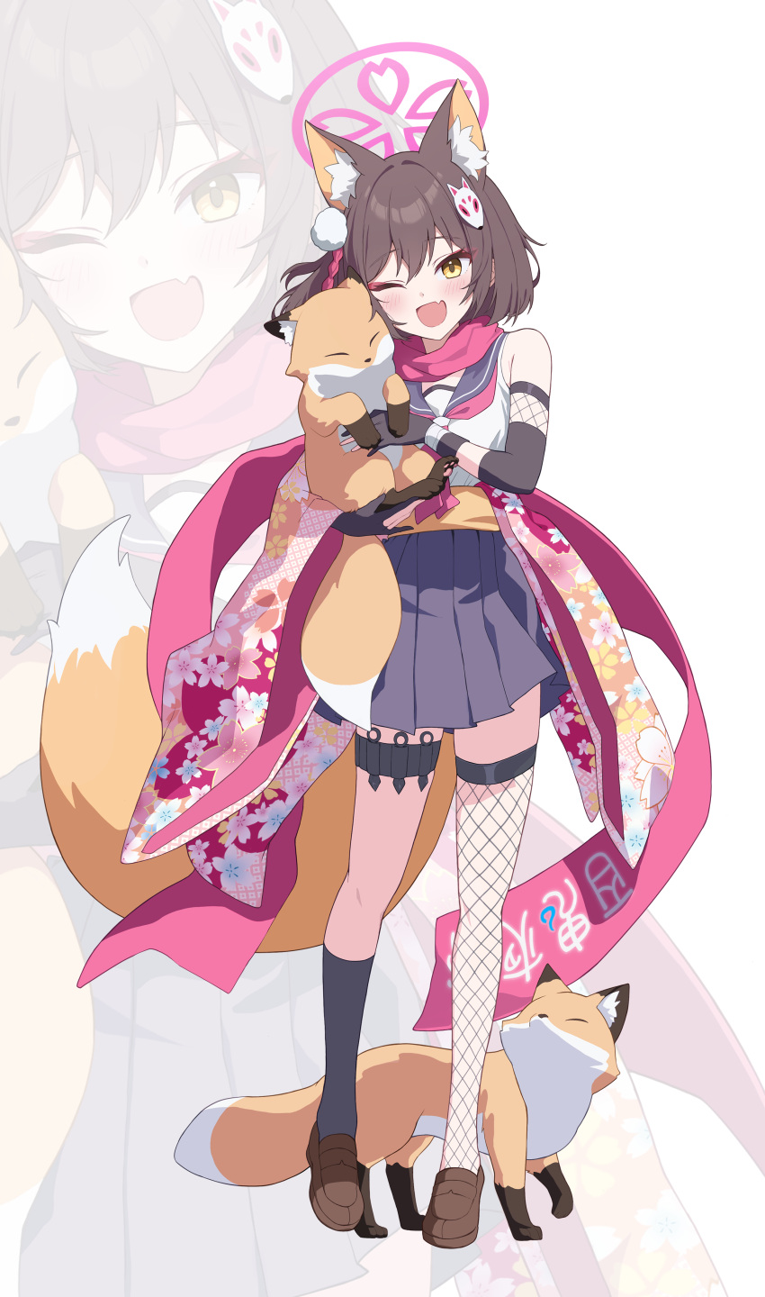 1girl absurdres animal animal_ear_fluff animal_ears asymmetrical_legwear black_socks blue_archive blue_skirt brown_footwear brown_hair commentary fang fishnet_thighhighs fishnets fox fox_ears fox_girl fox_hair_ornament fox_tail full_body halo highres holding holding_animal izuna_(blue_archive) kneehighs looking_at_viewer medium_hair one_eye_closed open_mouth pink_halo pink_scarf pleated_skirt same_(samefgo) scarf shirt simple_background skin_fang skirt smile socks solo standing tail thighhighs white_background white_shirt yellow_eyes zoom_layer