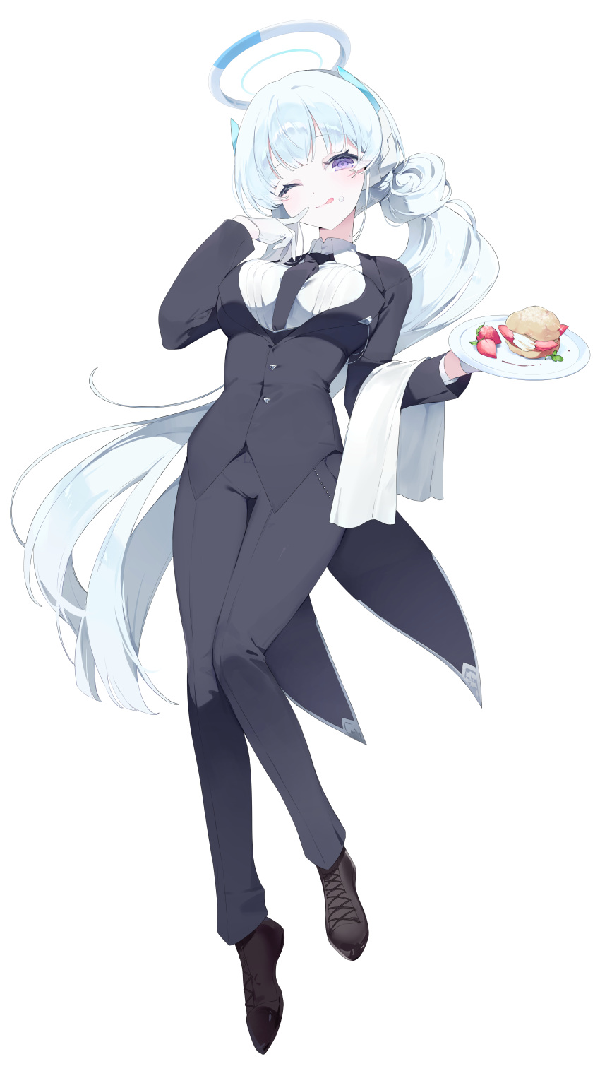 1girl ;p absurdres alternate_costume black_jacket black_necktie black_pants blue_archive blush butler female_butler food food_on_face fruit full_body gloves grey_hair halo highres holding holding_tray jacket long_hair looking_at_viewer meunhongcha necktie noa_(blue_archive) one_eye_closed pants shirt solo strawberry tailcoat tongue tongue_out towel_on_arm tray very_long_hair white_gloves white_shirt