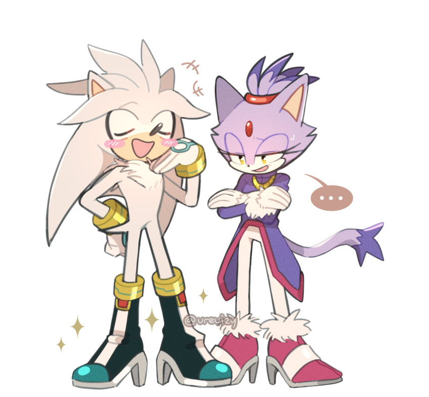 ... 1boy 1girl absurdres blaze_the_cat blush commentary crossed_arms english_commentary full_body furry furry_female furry_male gloves high_heels highres ojou-sama_pose silver_the_hedgehog simple_background sonic_(series) sparkle spoken_ellipsis ureuizy white_background white_gloves yellow_eyes