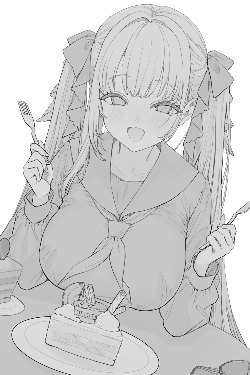 1girl :d absurdres azur_lane breasts cake cake_slice commentary_request cookie dutch_angle fingernails food fork formidable_(azur_lane) formidable_(the_lover's_heart_flutters_on_duty)_(azur_lane) freng hair_ribbon hands_up highres holding holding_fork holding_knife knife korean_commentary large_breasts light_blush long_hair long_sleeves looking_at_viewer monochrome neckerchief open_mouth plate ribbon school_uniform serafuku simple_background smile solo table twintails upper_body whipped_cream white_background