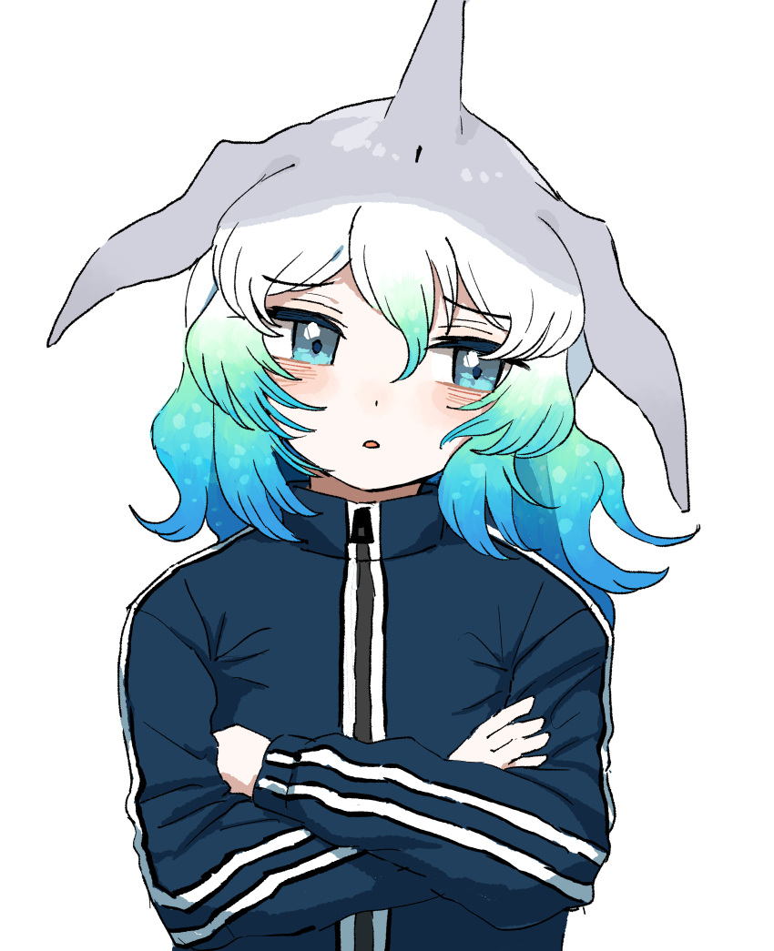 1girl absurdres alternate_costume blowhole blue_eyes blue_hair blue_jacket blue_track_suit blush common_bottlenose_dolphin_(kemono_friends) crossed_arms dolphin_girl dorsal_fin fins grey_hair head_fins highres jacket kanmoku-san kemono_friends multicolored_hair short_hair solo track_jacket track_suit upper_body white_hair