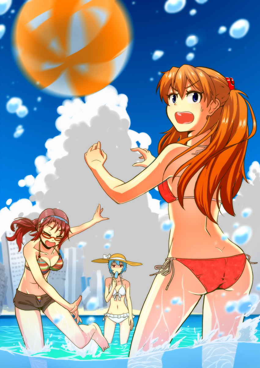 ass ayanami_rei ball beachball bikini blue_hair breasts brown_hair cleavage cloud day food frilled_bikini frills glasses halter_top halterneck hat highres long_hair makinami_mari_illustrious medium_breasts motion_blur multicolored multicolored_stripes multiple_girls navel neon_genesis_evangelion open_mouth outdoors ponytail popsicle rebuild_of_evangelion red_hair sawara shikinami_asuka_langley short_hair shorts side-tie_bikini sky souryuu_asuka_langley splashing striped striped_bikini striped_swimsuit sun_hat sweatdrop swimsuit unbuttoned wading water water_drop