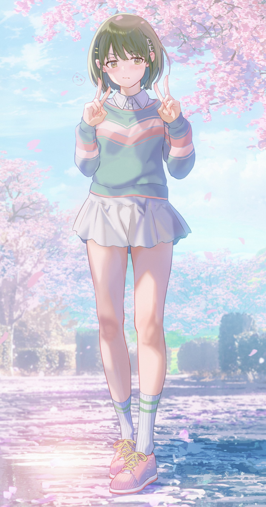 1girl absurdres angry aora blue_sky blush breasts cherry_blossoms cloud commentary day double_v falling_petals full_body green_eyes green_hair green_sweater hair_ornament hairclip hands_up highres idolmaster idolmaster_shiny_colors legs long_sleeves medium_breasts miniskirt nanakusa_nichika outdoors petals pink_footwear shoes short_hair sidelocks skirt sky sneakers socks solo standing stone_floor sunlight sweater thighs tree v v-shaped_eyebrows wavy_mouth white_skirt white_socks wind wing_collar