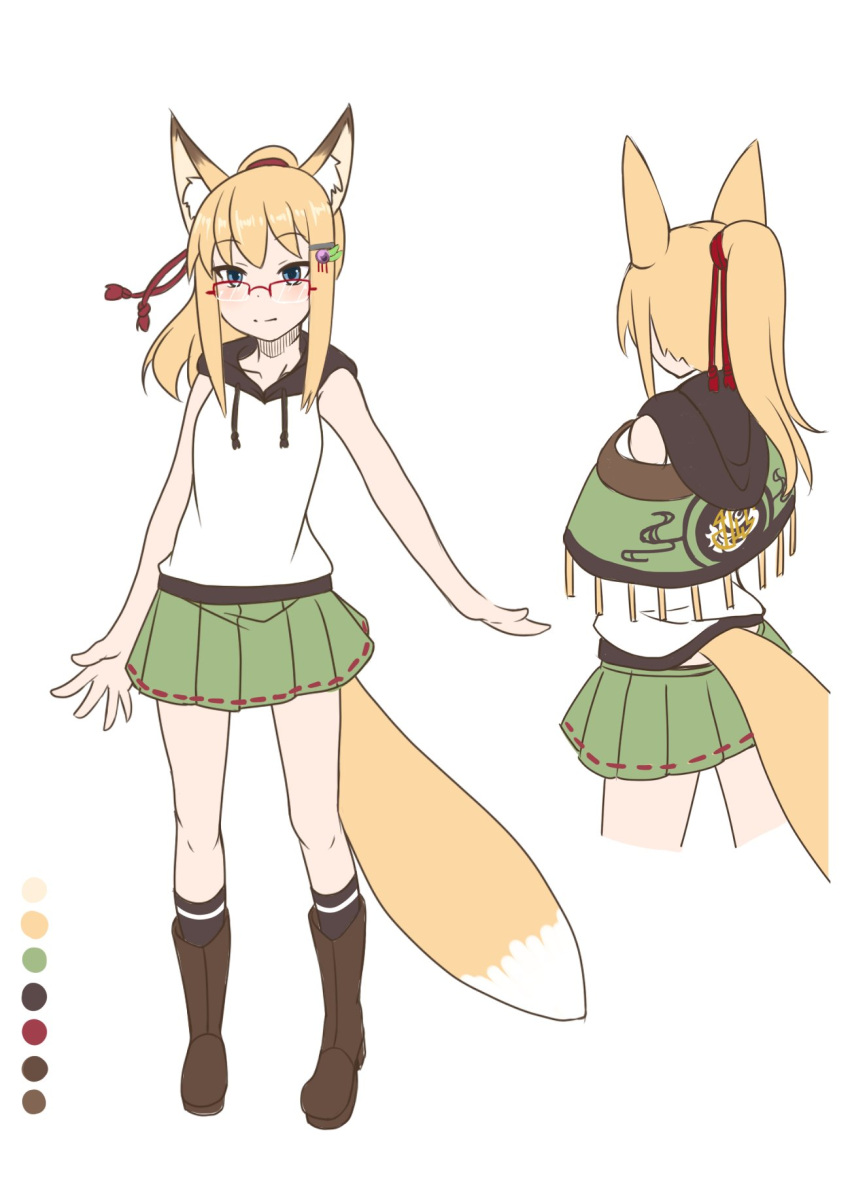 1girl animal_ear_fluff animal_ears bare_arms bare_shoulders black_socks blonde_hair blue_eyes brown_footwear capelet closed_mouth color_guide drawstring fox_ears fox_girl fox_tail fringe_trim glasses green_capelet green_skirt hair_ornament hairclip highres hood hood_down hoodie kuro_kosyou light_smile long_hair looking_at_viewer multiple_views original over-rim_eyewear pleated_skirt ponytail red-framed_eyewear ribbon-trimmed_skirt ribbon_trim semi-rimless_eyewear simple_background skirt sleeveless sleeveless_hoodie socks standing tail white_background white_hoodie