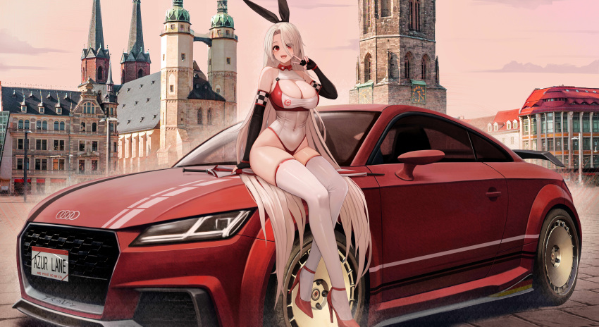 1girl :d absurdres alternate_costume audi audi_tt azur_lane bare_shoulders black_gloves black_ribbon breasts car check_vehicle cleavage clothes_writing commentary covered_collarbone covered_navel dusk elbow_gloves fingerless_gloves full_body gloves hair_between_eyes hair_ribbon high_heels highres kcar66t large_breasts leotard location_request long_hair looking_at_viewer mole mole_under_eye motor_vehicle open_mouth outdoors parted_bangs prinz_heinrich_(azur_lane) race_queen red_eyes red_footwear red_leotard red_nails ribbon sidelocks sitting sitting_on_car skindentation smile solo thighhighs two-tone_leotard v vehicle_request very_long_hair white_hair white_leotard white_thighhighs