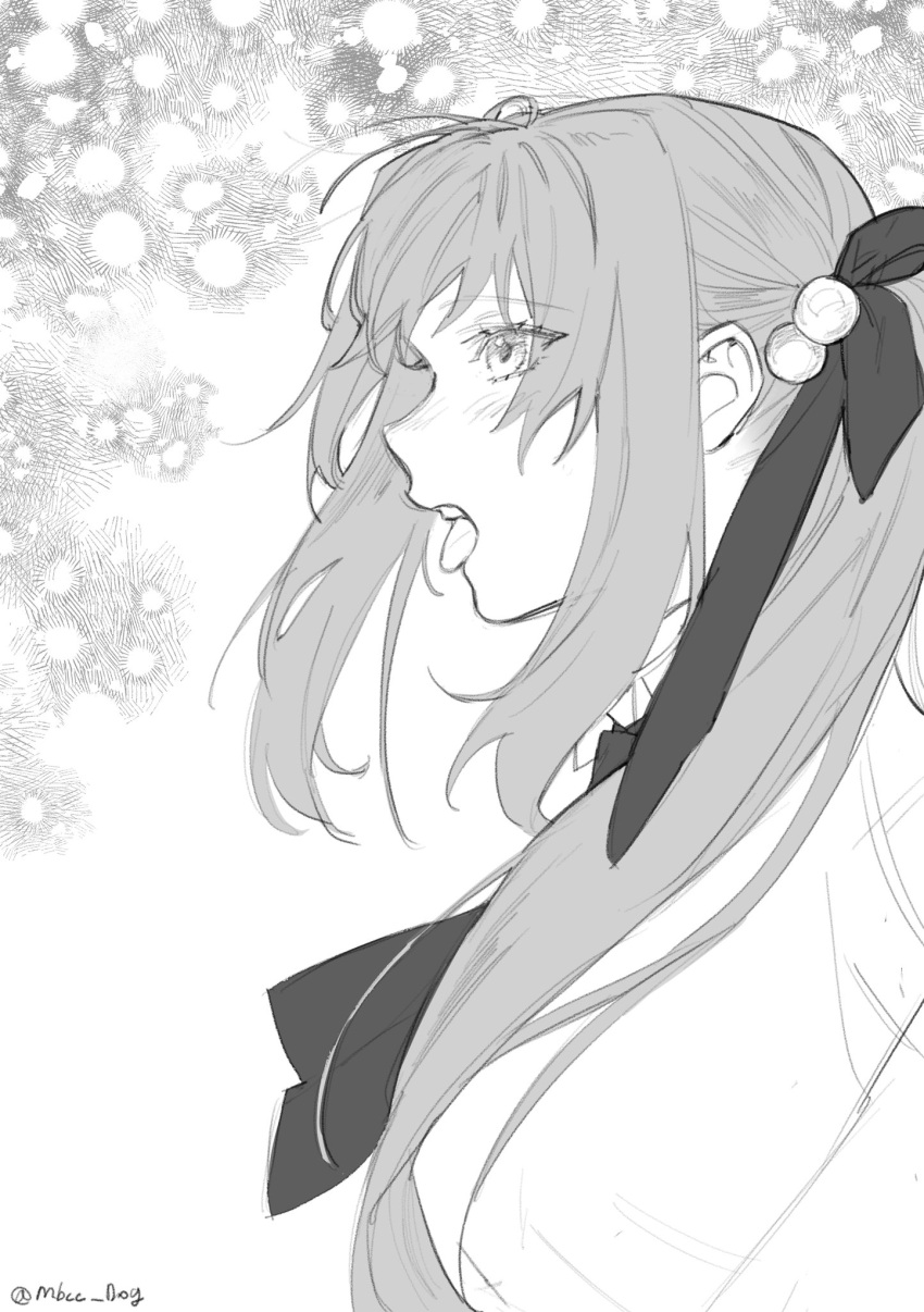 1girl blush character_request commentary_request dog_9uk greyscale hair_ribbon highres korean_commentary long_hair monochrome open_mouth path_to_nowhere ribbon snowing tongue tongue_out twitter_username upper_body