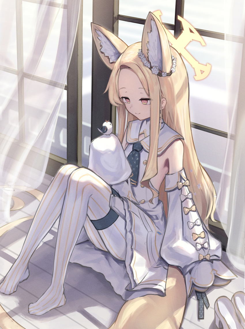 1girl 3ni3ni absurdres animal_ear_fluff animal_ears bird bird_on_hand blonde_hair blue_archive bow closed_mouth curtains detached_sleeves dress facing_viewer flower fox_ears fox_girl fox_tail hair_flower hair_ornament halo highres knees_up long_hair looking_at_animal looking_at_viewer pantyhose sailor_collar see-through_curtains seia_(blue_archive) shadow shoes sitting sleeveless sleeveless_dress sleeves_past_fingers sleeves_past_wrists smile solo sunlight tail thigh_strap unworn_shoes very_long_hair white_bow white_dress white_footwear white_pantyhose white_sailor_collar window yellow_bow yellow_eyes yellow_halo