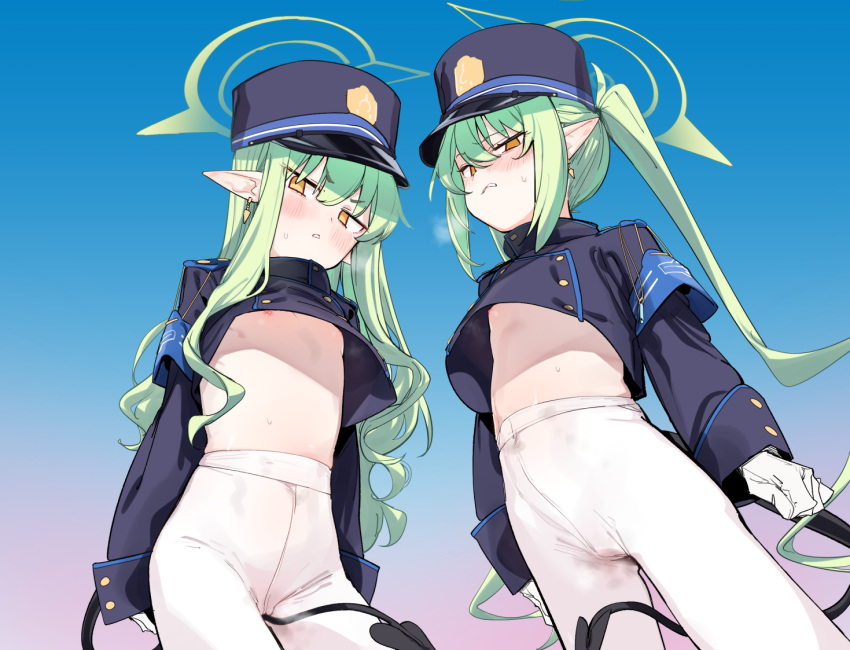 2girls armband between_legs black_hat black_tail blue_archive blue_armband blush breasts cameltoe clothes_lift commentary_request covered_navel crop_top demon_tail earrings flat_chest gloves gradient_background green_hair hair_between_eyes halo hat hikari_(blue_archive) jewelry long_hair long_sleeves looking_at_viewer multiple_girls navel no_bra no_panties no_pants nozomi_(blue_archive) pantyhose parted_lips peaked_cap pointy_ears ponytail shirt sidelocks simple_background stomach tail tail_between_legs train_conductor twintails uno_ryoku very_long_hair white_gloves white_pantyhose yellow_eyes
