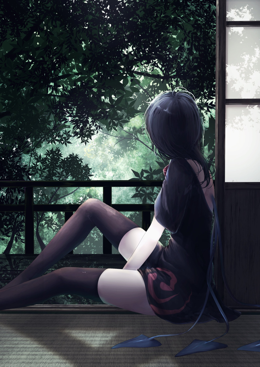 1girl absurdres back back_cutout backless_dress backless_outfit between_legs black_dress black_hair black_thighhighs blue_wings bow bowtie clothing_cutout commentary dress feet_out_of_frame forest from_side hand_between_legs hashtag-only_commentary highres houjuu_nue knee_up long_hair looking_to_the_side nature red_bow red_bowtie short_dress sitting solo t_terano thighhighs tomoe_(symbol) touhou tree wings zettai_ryouiki