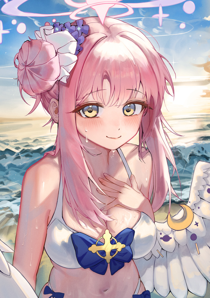 1girl absurdres angel_wings bare_shoulders beach bikini blue_archive blue_bow blush bow breasts closed_mouth commentary crescent cross day feathered_wings fingernails flower hair_bun hair_flower hair_ornament hair_ribbon halo highres huge_breasts kamu_(stead06y) looking_at_viewer low_wings mika_(blue_archive) navel ocean outdoors pink_hair pink_halo purple_flower ribbon sand single_side_bun smile solo stomach sunset swimsuit water white_bikini white_ribbon white_wings wings yellow_eyes