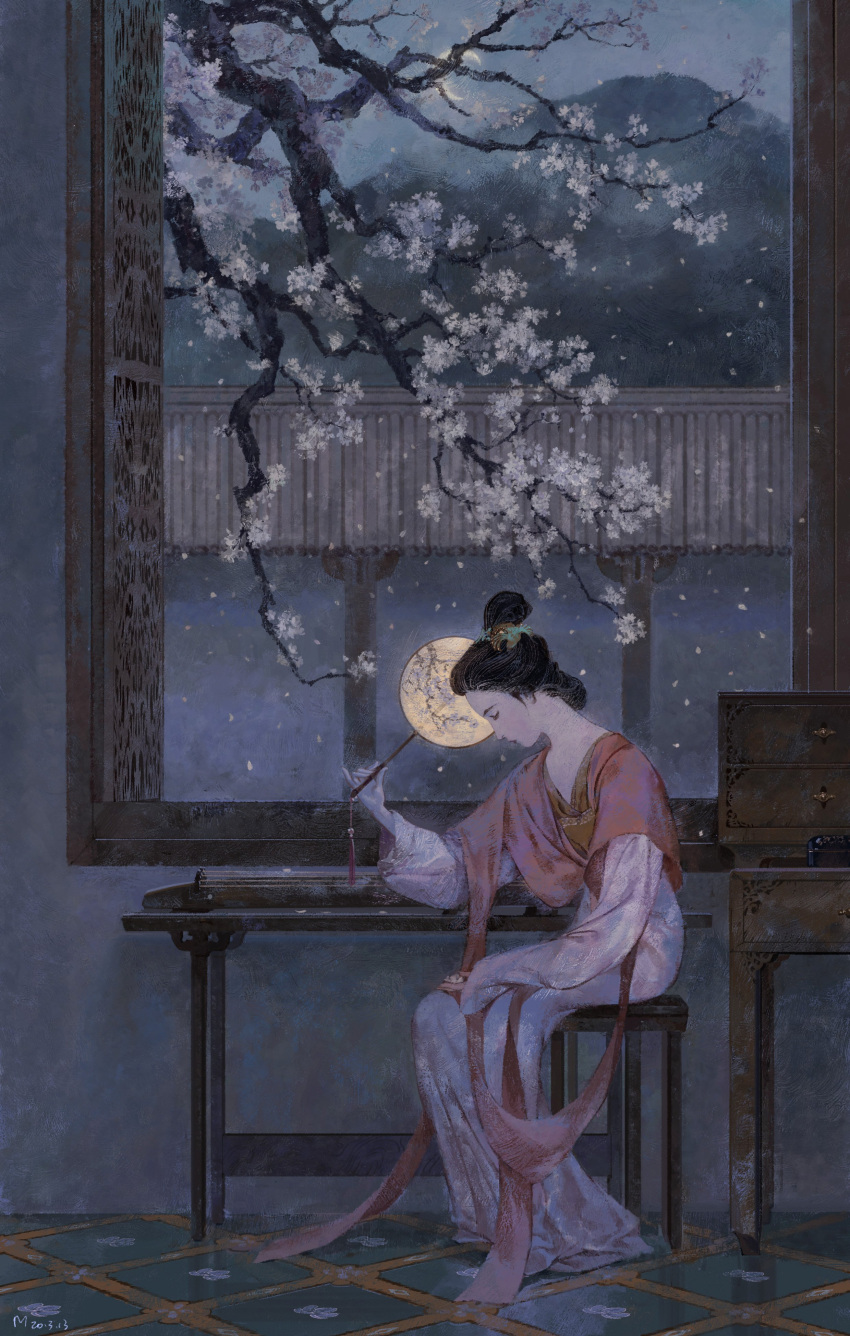 1girl absurdres architecture artist_name black_hair calligraphy_brush cherry_blossoms commentary crescent_moon dress east_asian_architecture elbow_on_table english_commentary falling_petals flower full_body hair_bun hair_ornament half-closed_eyes hand_fan hand_on_lap highres holding holding_fan long_dress long_sleeves looking_at_object merasgar moon mount_fuji night night_sky on_stool original paintbrush parted_lips petals pink_dress pink_flower pink_shawl pink_sleeves shawl short_hair single_hair_bun sitting sky solo table tile_floor tiles tree tuanshan