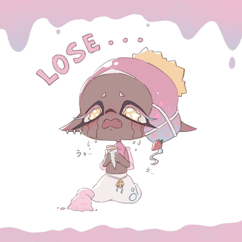 ... 1girl colored_eyelashes commentary crying dark-skinned_female dark_skin earrings english_commentary english_text fangs food frye_(splatoon) full_body hair_ornament highres holding holding_food holding_ice_cream ice_cream ice_cream_cone ice_cream_cone_spill inkling jewelry kneeling long_hair long_pointy_ears lqk_jing_jia multiple_earrings open_mouth pink_hair pointy_ears simple_background solo splatoon_(series) splatoon_3 streaming_tears tears tentacle_hair tooth_earrings white_background x_hair_ornament