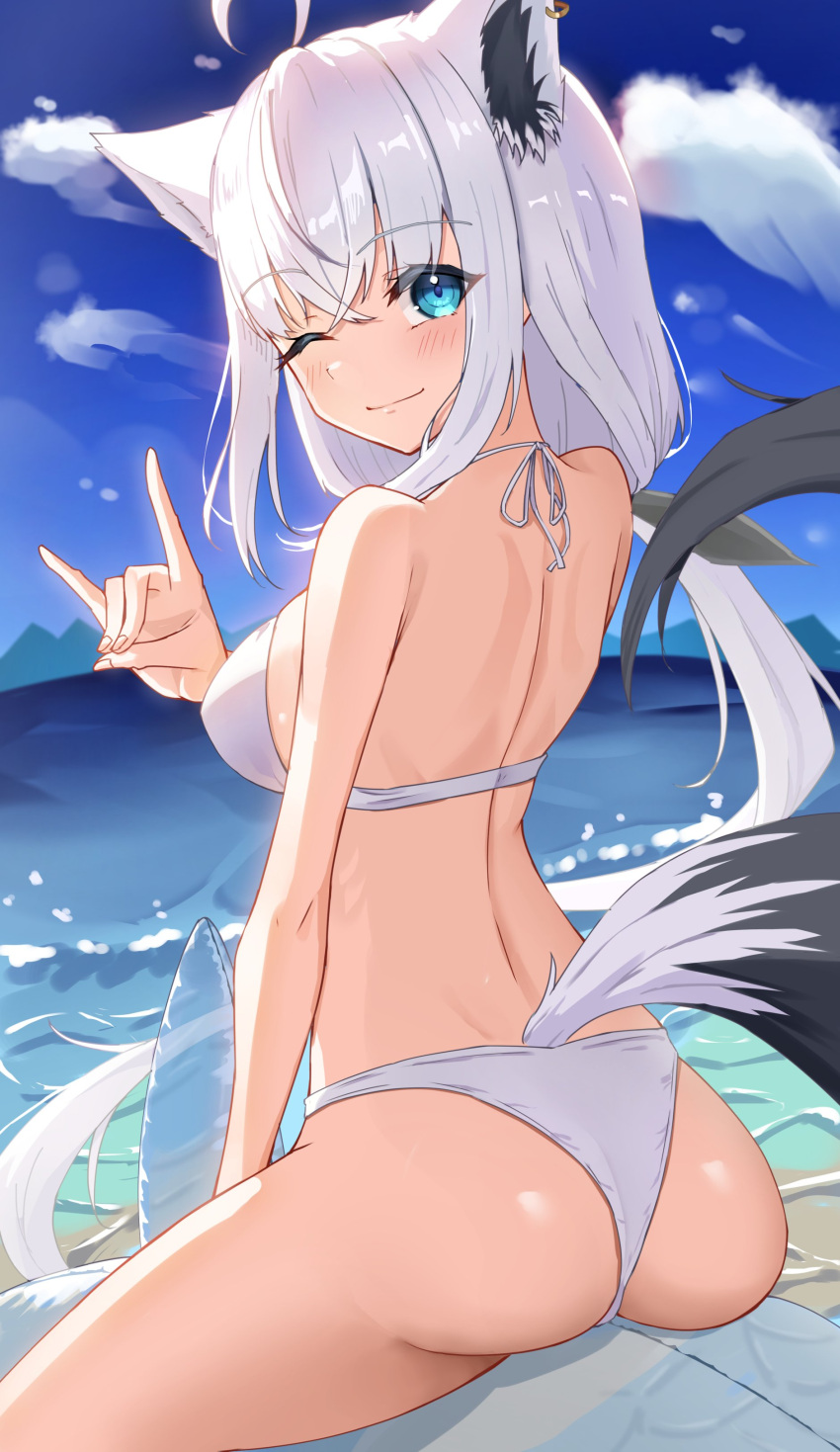 1girl absurdres ahoge animal_ear_fluff animal_ears bikini blush braid breasts cloud cloudy_sky commentary_request earrings fox_ears fox_girl fox_shadow_puppet fox_tail green_eyes hair_between_eyes highres hololive jewelry kirimoya long_hair looking_at_viewer looking_back medium_breasts ocean one_eye_closed outdoors shirakami_fubuki sidelocks single_braid sitting sky smile solo swimsuit tail virtual_youtuber white_bikini white_hair