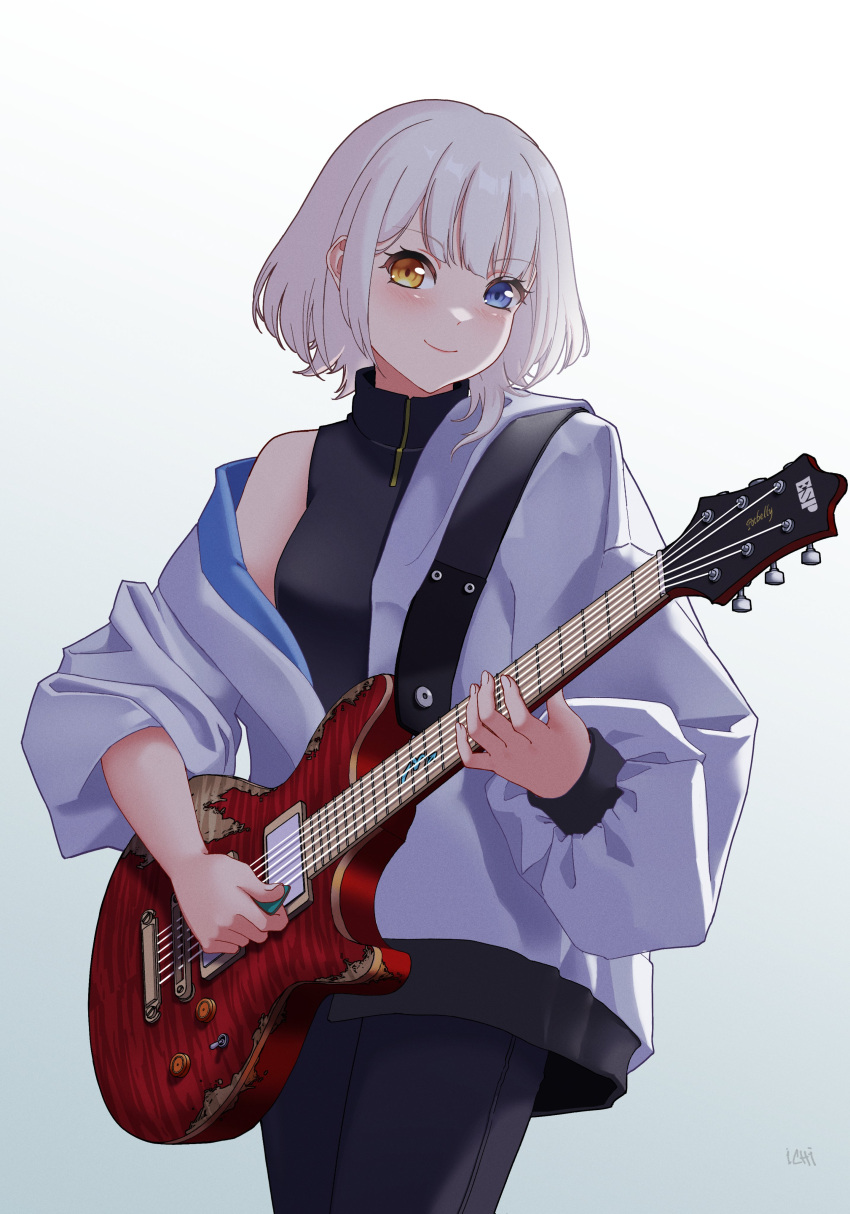 1girl absurdres artist_name bang_dream! bang_dream!_it's_mygo!!!!! black_pants black_shirt blue_background blue_eyes blush closed_mouth commentary cowboy_shot electric_guitar gradient_background grey_jacket guitar heterochromia highres holding holding_guitar holding_instrument ichi_(bttrfl1es) instrument jacket kaname_raana long_sleeves looking_at_viewer medium_hair open_clothes open_jacket pants playing_guitar shirt sleeveless sleeveless_shirt smile solo white_background white_hair yellow_eyes