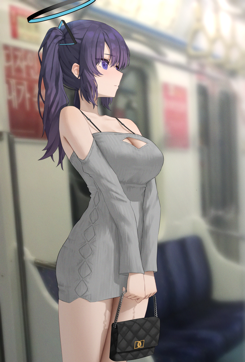 1girl absurdres bag bare_shoulders black_bag blue_archive blurry blurry_background blush breasts cleavage cleavage_cutout closed_mouth clothing_cutout commentary_request detached_sleeves dress grape_ade_(cardslash2001) grey_dress halo handbag highres holding holding_bag large_breasts long_hair long_sleeves mechanical_halo purple_eyes purple_hair short_dress sidelocks solo train_interior twintails yuuka_(blue_archive)