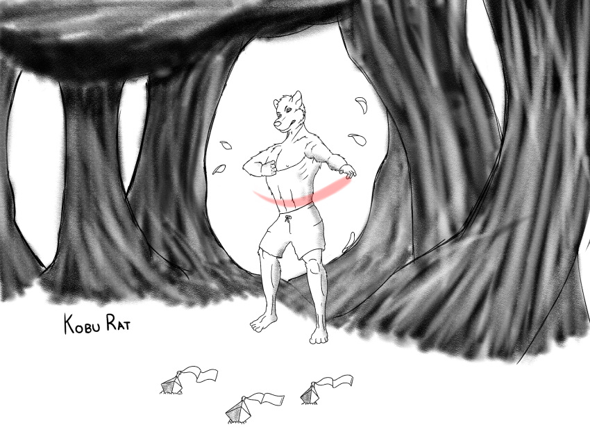 4_toes angry_eyes anthro barefoot biped black_and_white bottomwear clenched_teeth clothing digital_drawing_(artwork) digital_media_(artwork) ears_back feet fist forest forest_background grass hi_res humanoid_feet karate line_art male mammal monochrome murid murine muscular muscular_anthro muscular_male nature nature_background ninja nipples pecs pivoted_ears plant plantigrade rat rodent sarahratte shaded shorts shorts_only socks_the_rat_(character) solo standing teeth toes tree vein warrior