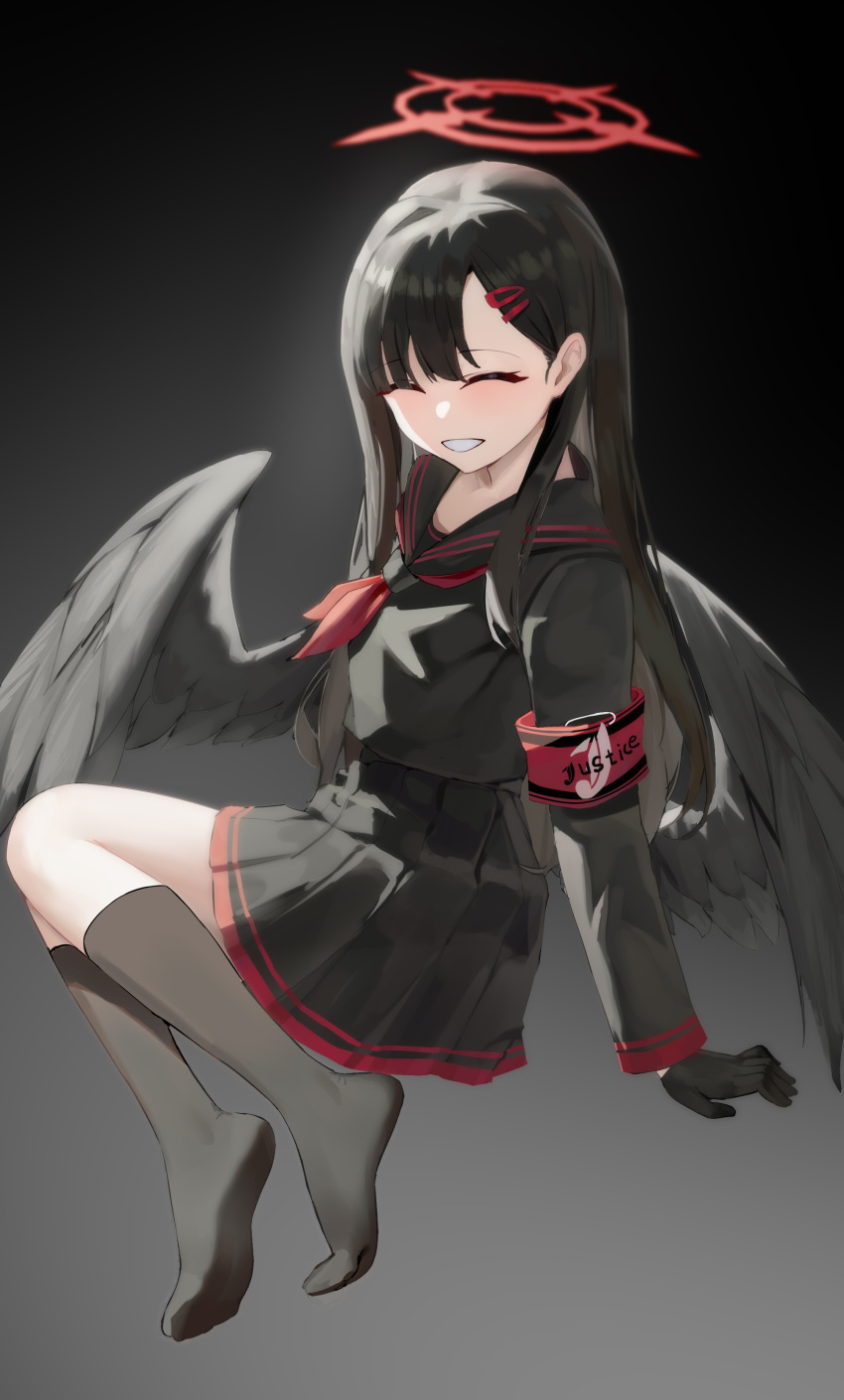 absurdres armband black_gloves black_hair black_sailor_collar black_serafuku black_skirt black_socks black_wings blue_archive feathered_wings feet gloves hair_ornament hairclip halo highres ichika_(blue_archive) liwen520 long_hair low_wings neckerchief no_shoes red_armband red_halo red_neckerchief sailor_collar school_uniform serafuku skirt smile socks soles wings