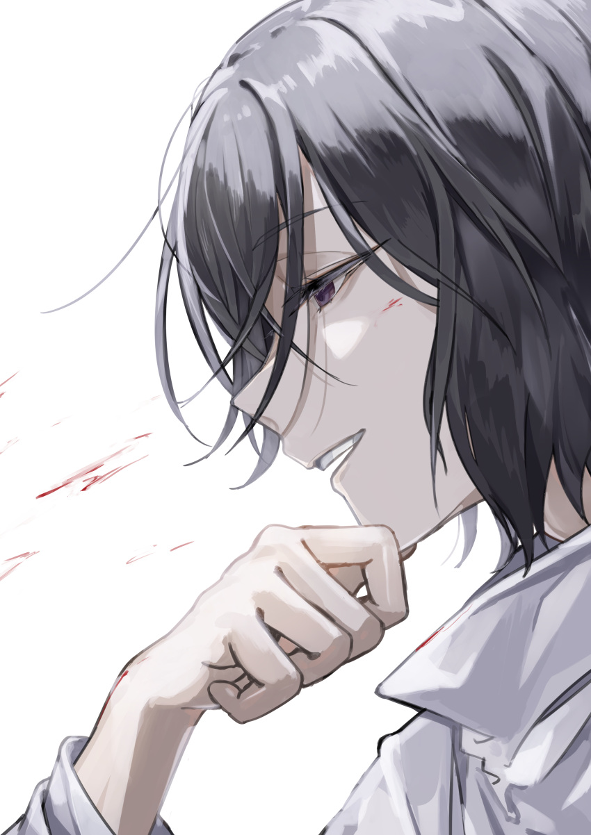 1boy absurdres black_hair blood blood_on_face bungou_stray_dogs commentary_request from_side fyodor_dostoyevsky_(bungou_stray_dogs) hand_on_own_chin hand_up highres long_sleeves male_focus open_mouth purple_eyes shirt short_hair simple_background smile solo teeth upper_body white_background white_shirt yuukiti