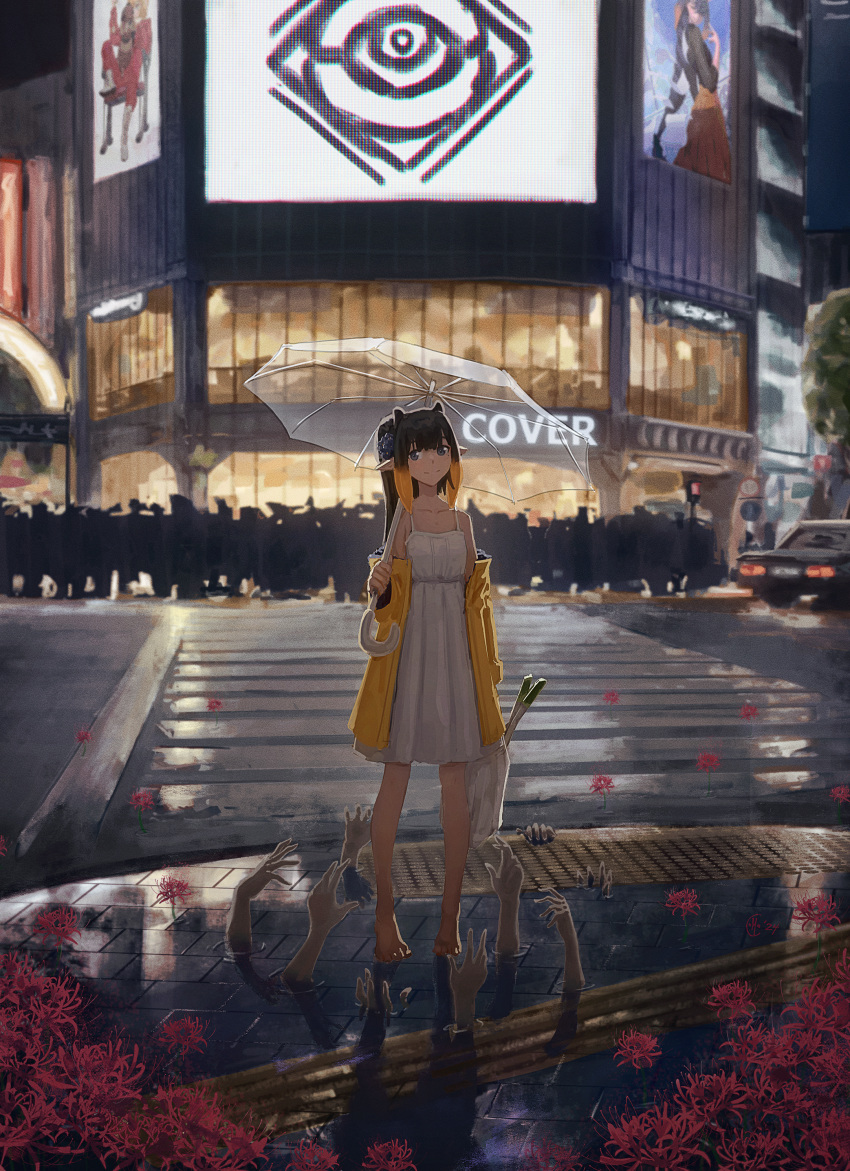 1girl 6+others absurdres bag barefoot black_hair blunt_bangs car city crowd disembodied_limb dress english_commentary flower gradient_hair highres holding holding_bag holding_umbrella hololive hololive_english long_hair looking_at_viewer mocomiliano motor_vehicle multicolored_hair multiple_others ninomae_ina'nis official_alternate_costume official_alternate_hairstyle orange_hair outdoors pointy_ears ponytail raincoat red_flower road shibuya_(tokyo) sidelocks smile solo_focus spring_onion standing street sundress tentacle_hair tokyo_(city) transparent transparent_umbrella umbrella violet_(ninomae_ina'nis) virtual_youtuber white_dress yellow_raincoat