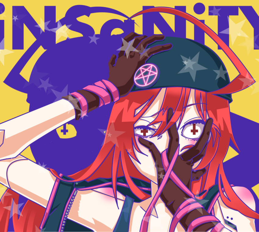 1girl ahoge bandana bare_shoulders brown_gloves commentary_request cross gloves hair_between_eyes hand_on_own_face hand_on_own_head highres insanity_(vocaloid) joints long_hair looking_at_viewer pentagram red_eyes red_hair robot_joints sf-a2_miki shikb0 solo song_name star_(symbol) symbol-shaped_pupils tagme upper_body vocaloid