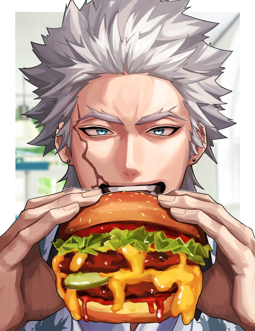 1boy absurdres blue_eyes burger earrings eating fate/grand_order fate_(series) food grey_hair haruakira highres holding holding_burger holding_food jewelry male_focus nagakura_shinpachi_(fate) open_mouth portrait scar scar_on_cheek scar_on_face scar_on_hand short_hair stud_earrings