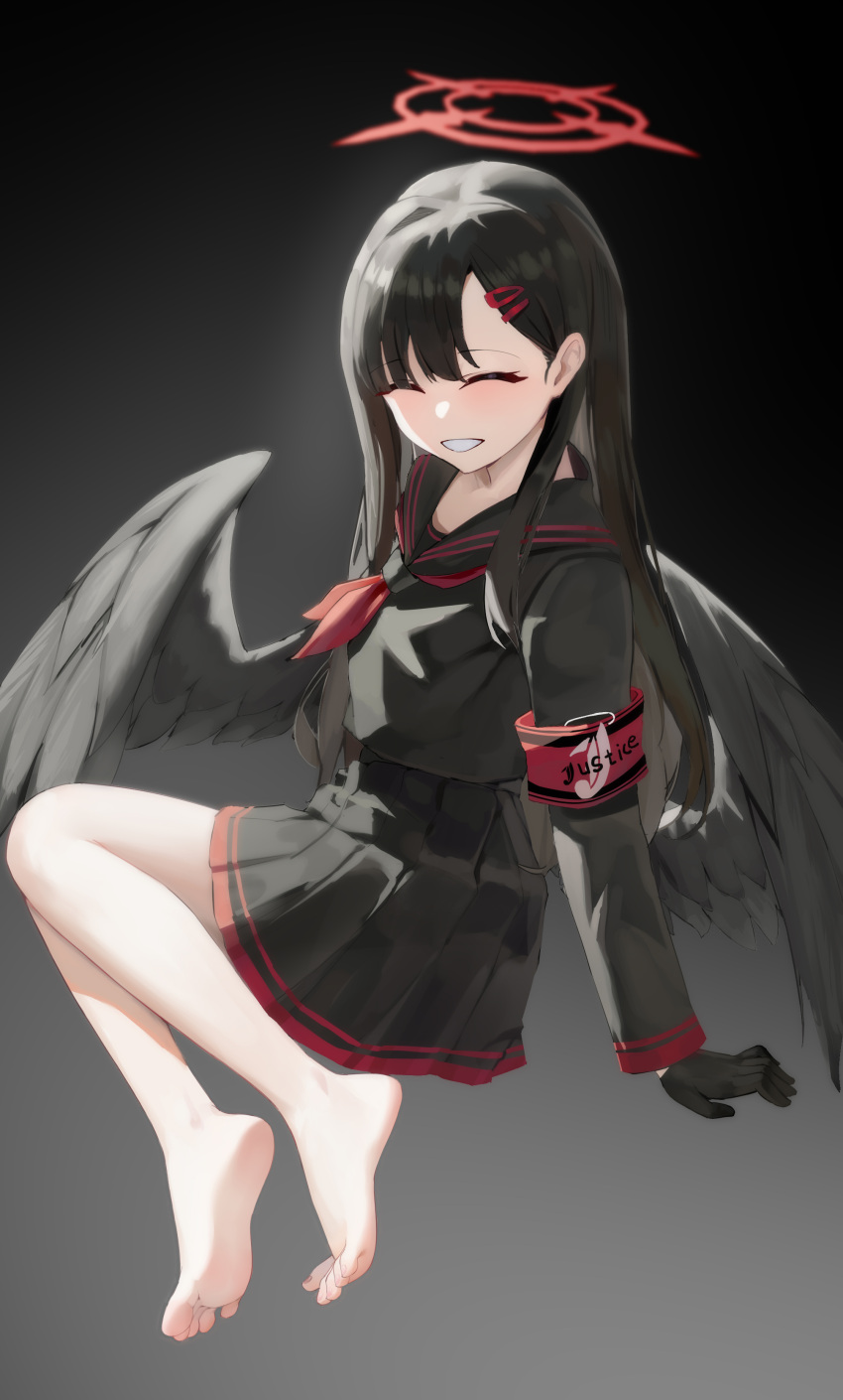 absurdres armband bare_legs barefoot black_gloves black_hair black_sailor_collar black_serafuku black_skirt black_wings blue_archive feathered_wings feet gloves hair_ornament hairclip halo highres ichika_(blue_archive) liwen520 long_hair low_wings neckerchief no_shoes red_armband red_halo red_neckerchief sailor_collar school_uniform serafuku skirt smile soles wings