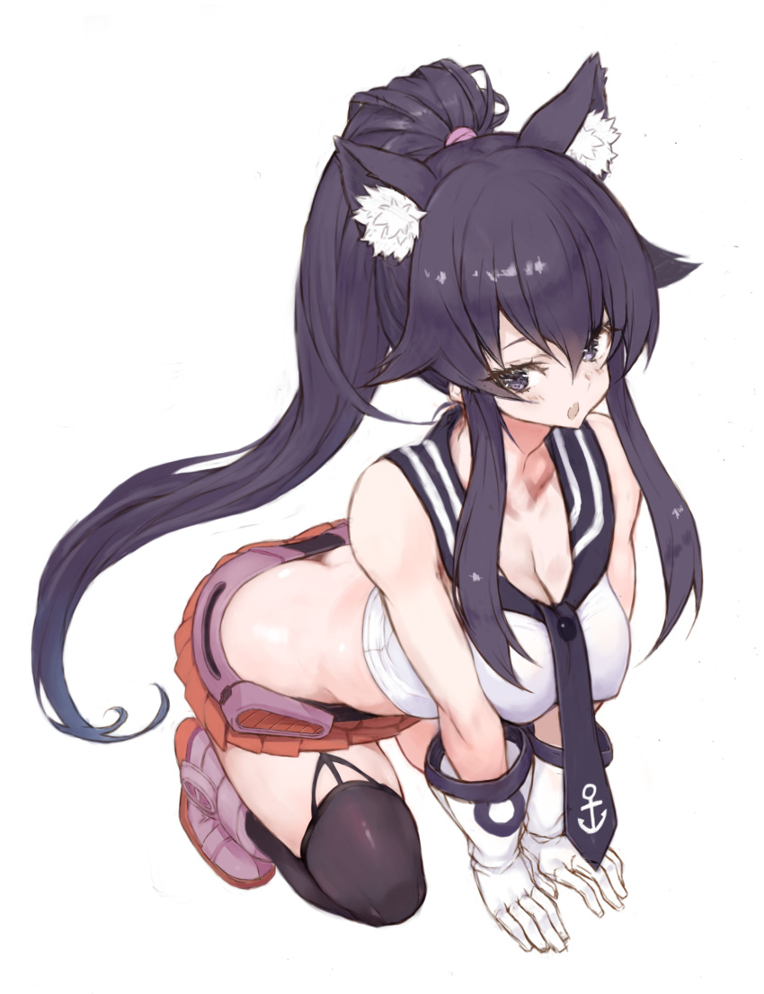 1girl absurdres all_fours anchor_symbol animal_ear_fluff animal_ears black_eyes black_hair black_necktie black_sailor_collar breasts cat_ears cleavage collarbone garter_straps gloves highres kantai_collection large_breasts long_hair looking_at_viewer necktie pleated_skirt ponytail red_skirt ryo_(tg290) sailor_collar school_uniform serafuku shirt sidelocks simple_background single_garter_strap single_thighhigh skirt sleeveless sleeveless_shirt solo thighhighs white_background white_gloves white_shirt yahagi_(kancolle)