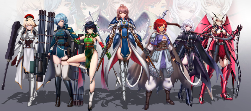 absurdres ahoge arabian_clothes armor black_hair blonde_hair blue_hair breasts brown_hair caiman_pool cape chinese_clothes gloves gun gundam gundam_deathscythe gundam_epyon gundam_heavyarms gundam_sandrock gundam_wing highres holding holding_scythe horns humanization large_breasts legs machine_gun multiple_girls red_hair rifle scythe shenlong_gundam short_hair smile sword tallgeese weapon whip wing_gundam_zero_custom wings