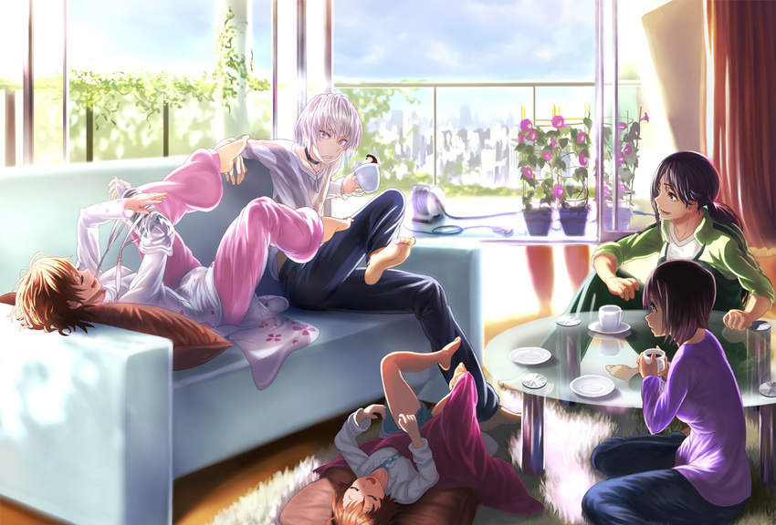 4girls accelerator barefoot black_hair blue_eyes brown_hair choker couch cup feet feet_up indoors kodoku_to_sukoshi_niteru last_order legs_up misaka_worst multiple_girls pillow plate ponytail red_eyes saliva sleeping sleeves_rolled_up soles table to_aru_majutsu_no_index track_suit vietnamese_dress white_hair yomikawa_aiho yoshikawa_kikyou